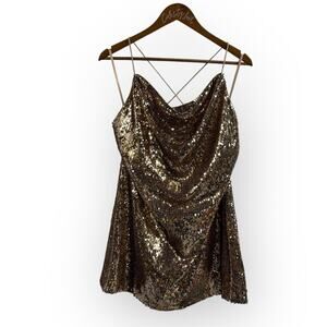 Gold Sequin Mini Party Dress Strappy Lace Up Open Back 10 ASOS Design